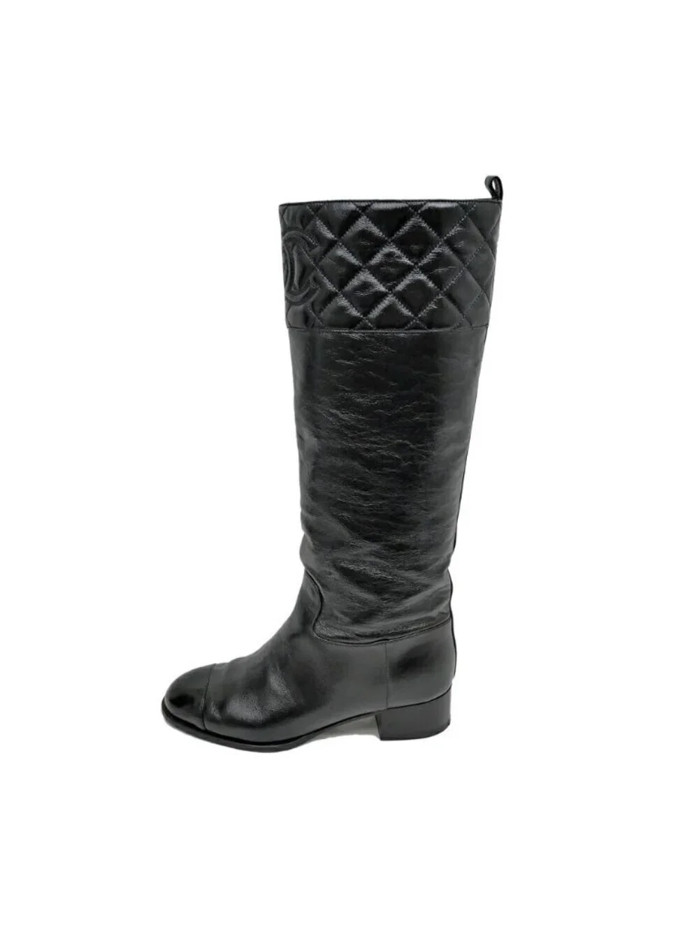 Chanel Long Boots 37.5 Black Shiny Calfskin CC Logo